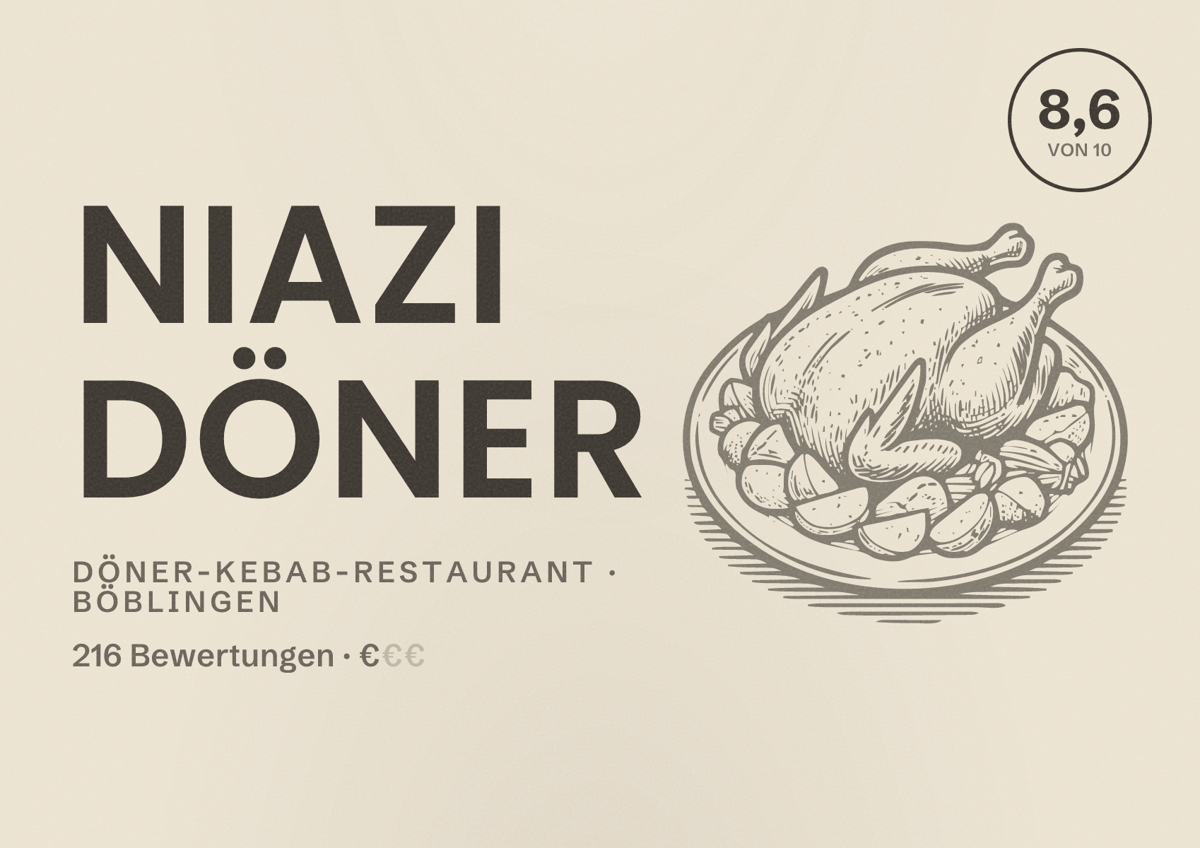 Illustriertes Poster von Niazi Döner, Döner-Kebab-Restaurant in Böblingen: Bewertung 8,6 von 10 aus 216 Bewertungen, Preisniveau €