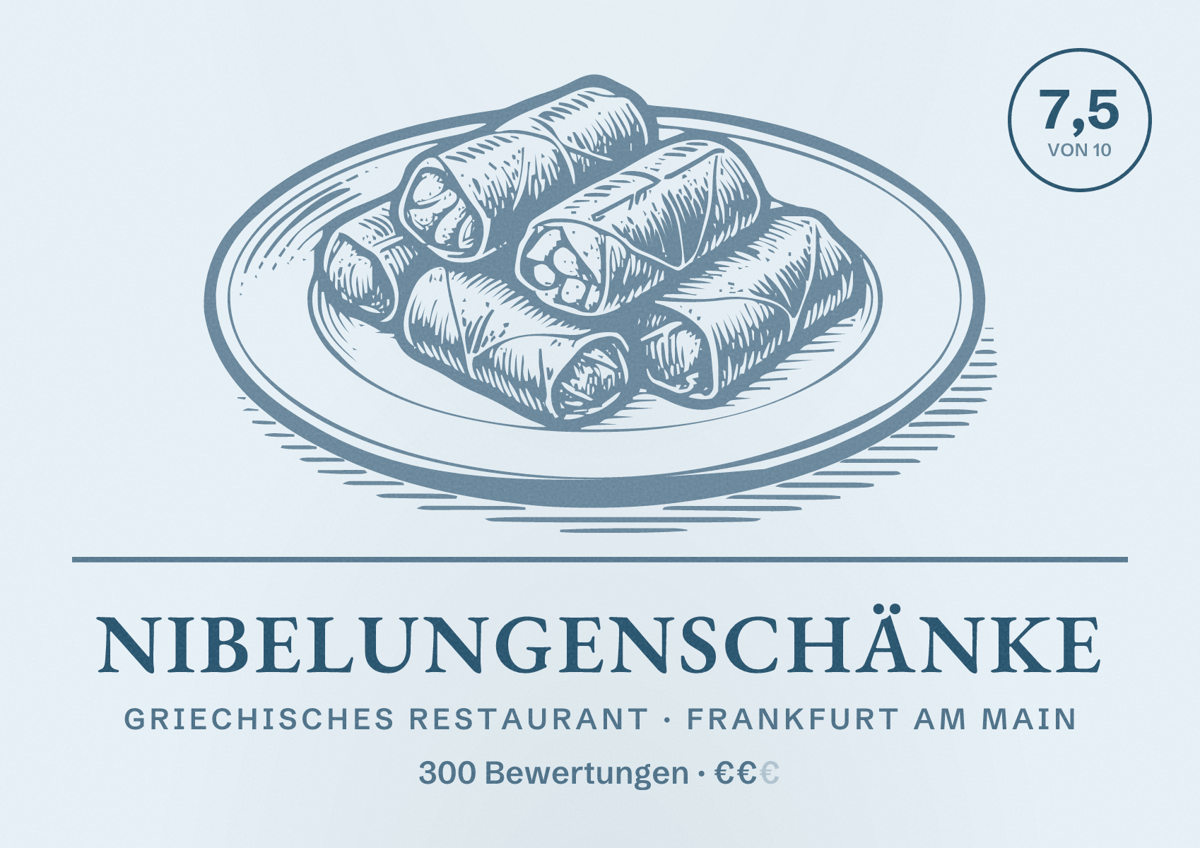 Illustriertes Poster von Nibelungenschänke, Griechisches Restaurant in Frankfurt am Main: Bewertung 7,5 von 10 aus 300 Bewertungen, Preisniveau €€