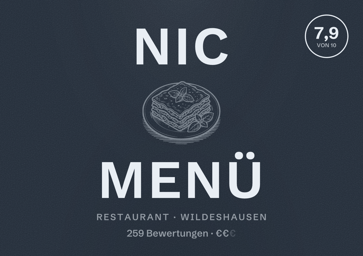Illustriertes Poster von Nic Menü, Restaurant in Wildeshausen: Bewertung 7,9 von 10 aus 259 Bewertungen, Preisniveau €€