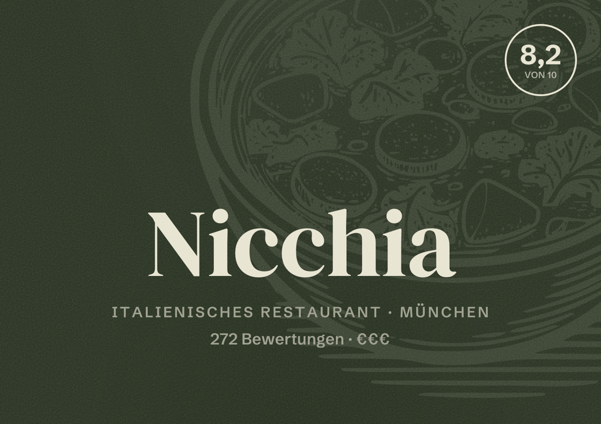 Illustriertes Poster von Nicchia, Italienisches Restaurant in München: Bewertung 8,2 von 10 aus 272 Bewertungen, Preisniveau €€€