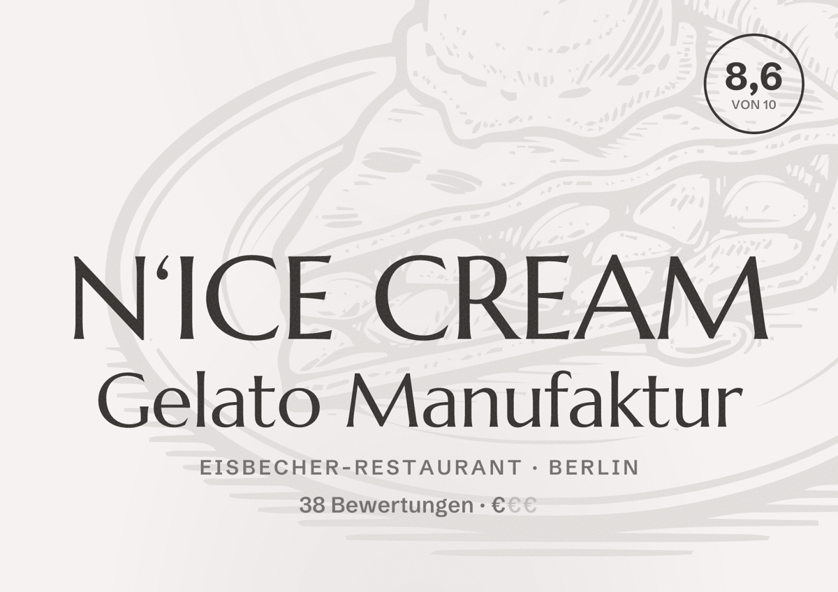 Illustriertes Poster von N‘ICE CREAM Gelato Manufaktur, Eisbecher-Restaurant in Berlin: Bewertung 8,6 von 10 aus 38 Bewertungen, Preisniveau €