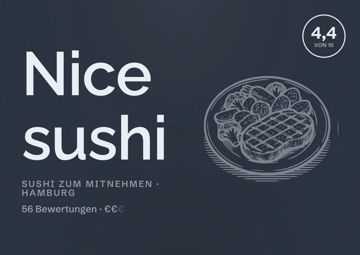 Illustriertes Poster von Nice sushi, Sushi zum Mitnehmen in Hamburg: Bewertung 4,4 von 10 aus 56 Bewertungen, Preisniveau €€