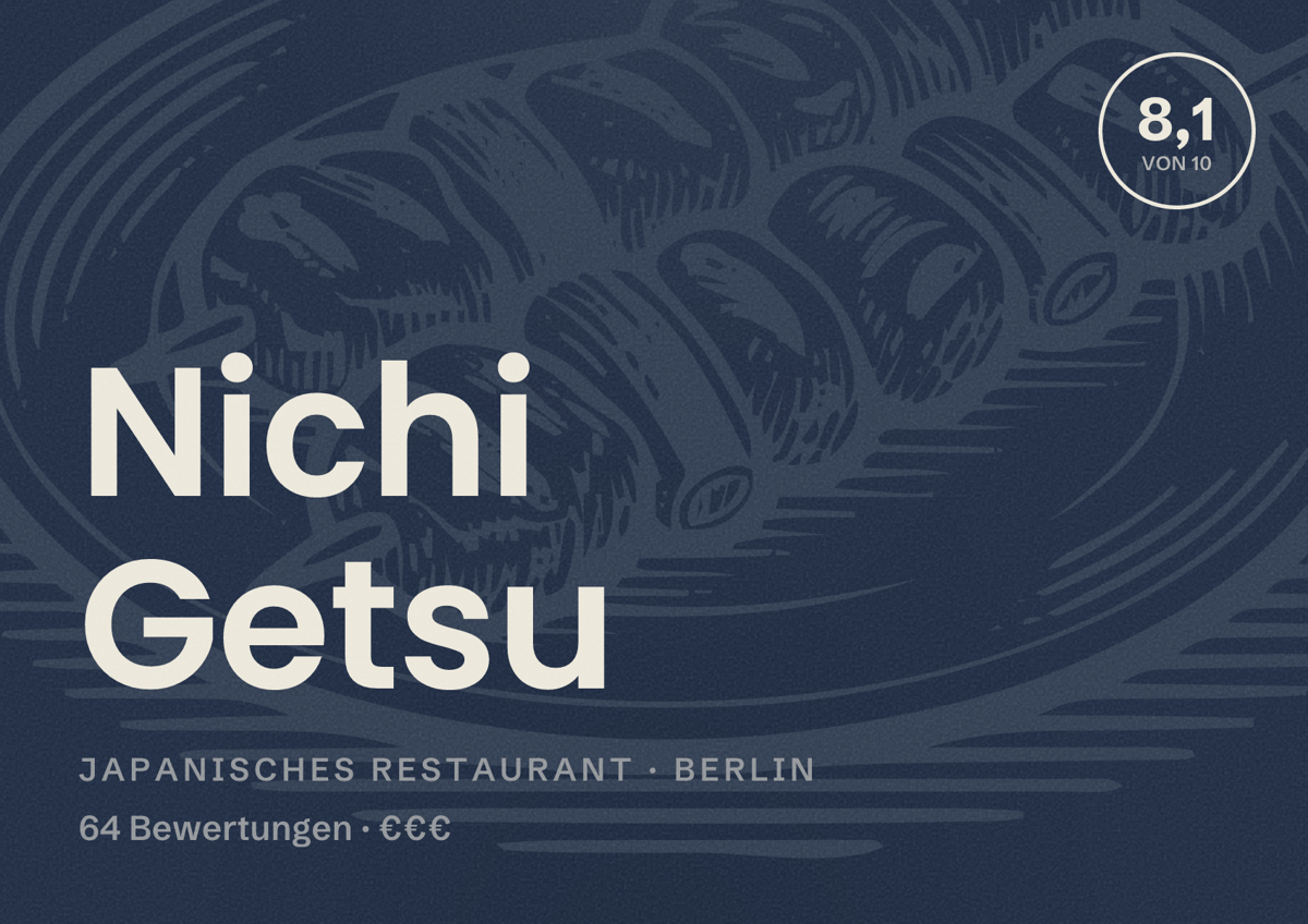 Illustriertes Poster von Nichi Getsu, Japanisches Restaurant in Berlin: Bewertung 8,1 von 10 aus 64 Bewertungen, Preisniveau €€€