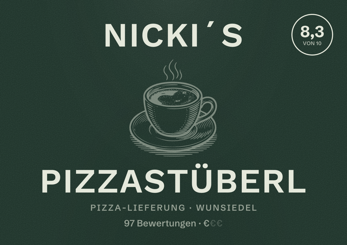 Illustriertes Poster von Nicki´s Pizzastüberl, Pizza-Lieferung in Wunsiedel: Bewertung 8,3 von 10 aus 97 Bewertungen, Preisniveau €