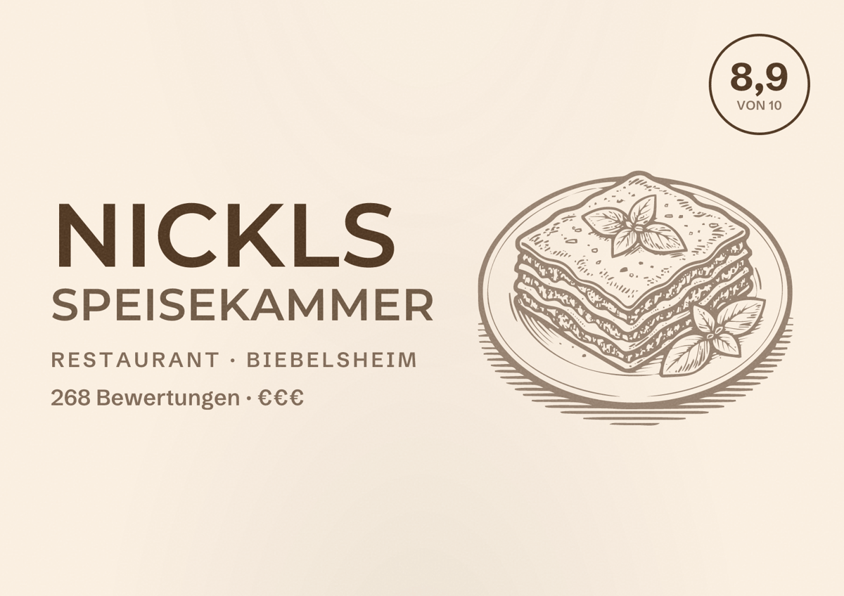 Illustriertes Poster von Nickls Speisekammer, Restaurant in Biebelsheim: Bewertung 8,9 von 10 aus 268 Bewertungen, Preisniveau €€€
