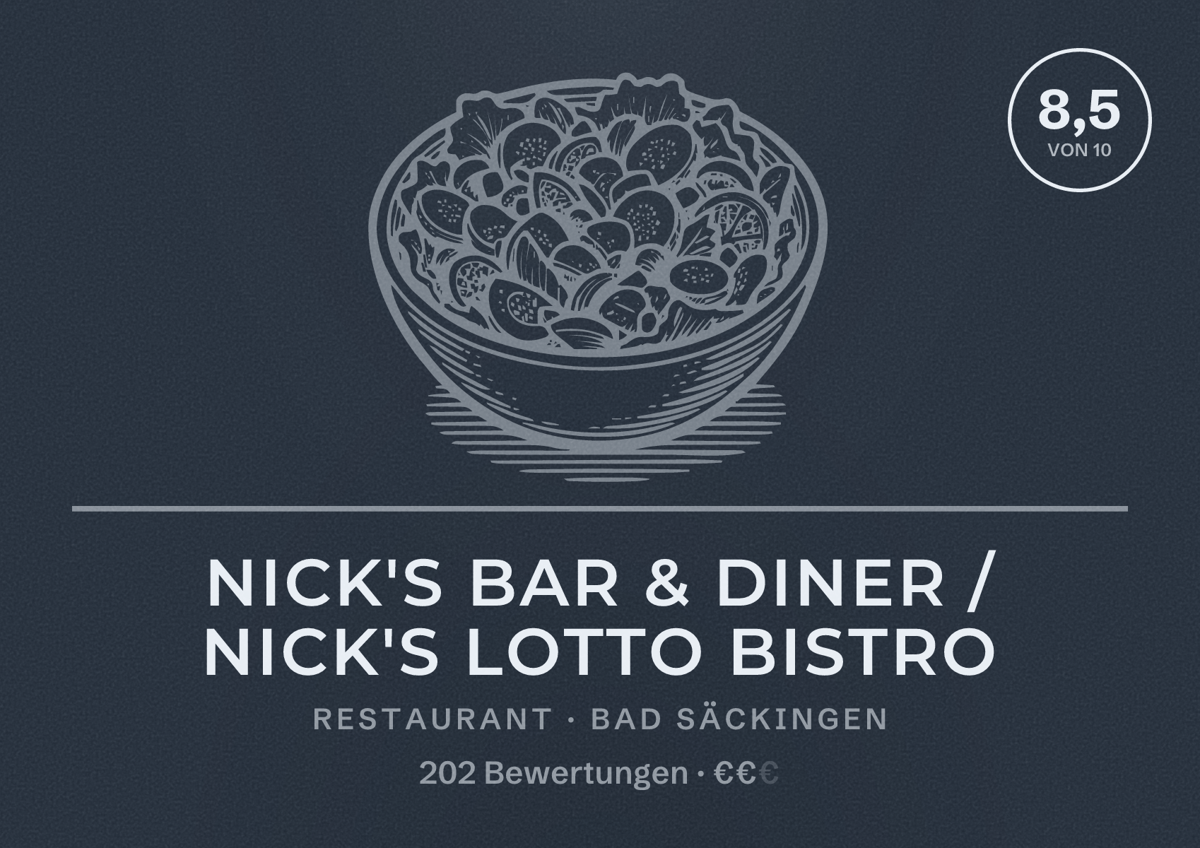 Illustriertes Poster von Nick's Bar & Diner / Nick's Lotto Bistro, Restaurant in Bad Säckingen: Bewertung 8,5 von 10 aus 202 Bewertungen, Preisniveau €€
