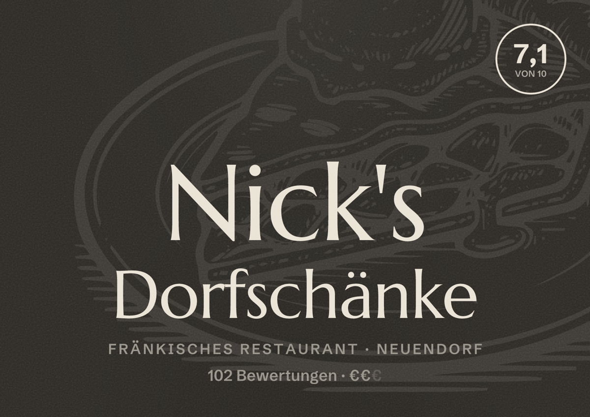 Illustriertes Poster von Nick's Dorfschänke, Fränkisches Restaurant in Neuendorf: Bewertung 7,1 von 10 aus 102 Bewertungen, Preisniveau €€