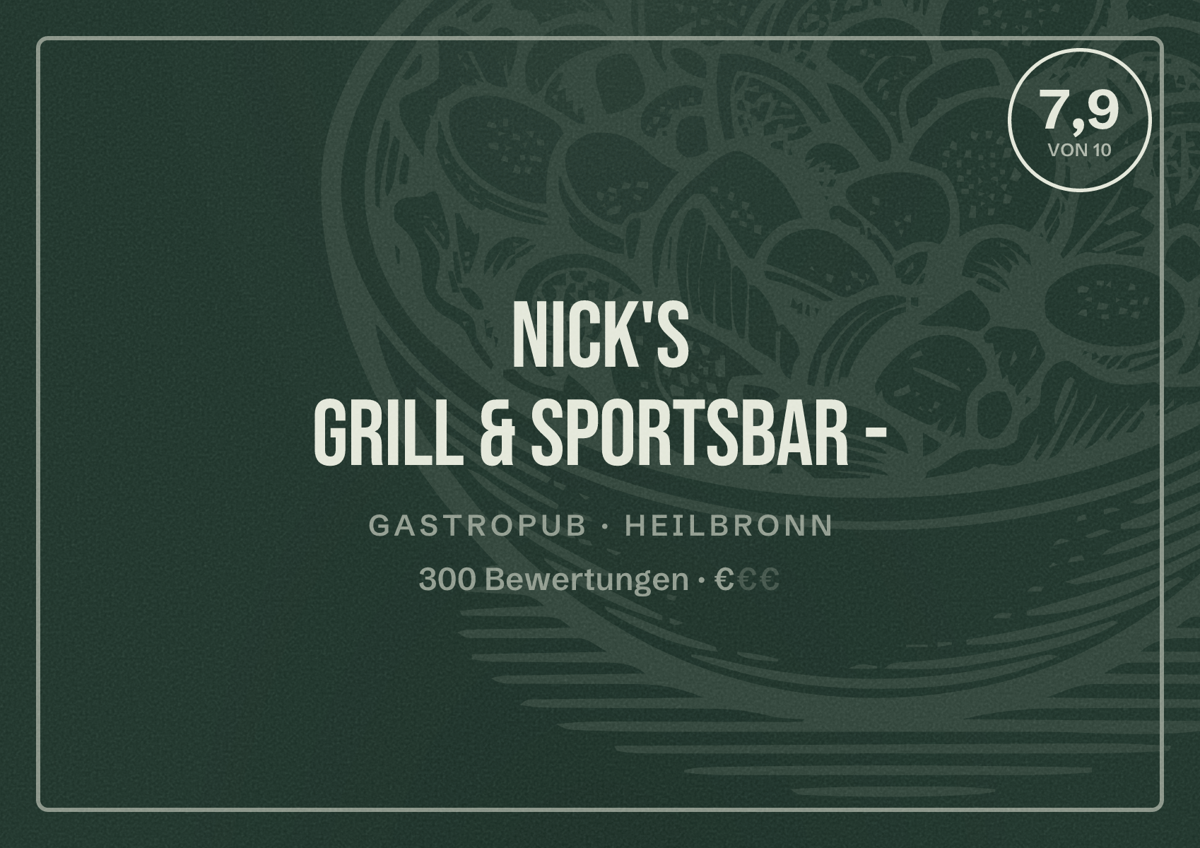 Illustriertes Poster von Nick's Grill & Sportsbar -, Gastropub in Heilbronn: Bewertung 7,9 von 10 aus 300 Bewertungen, Preisniveau €