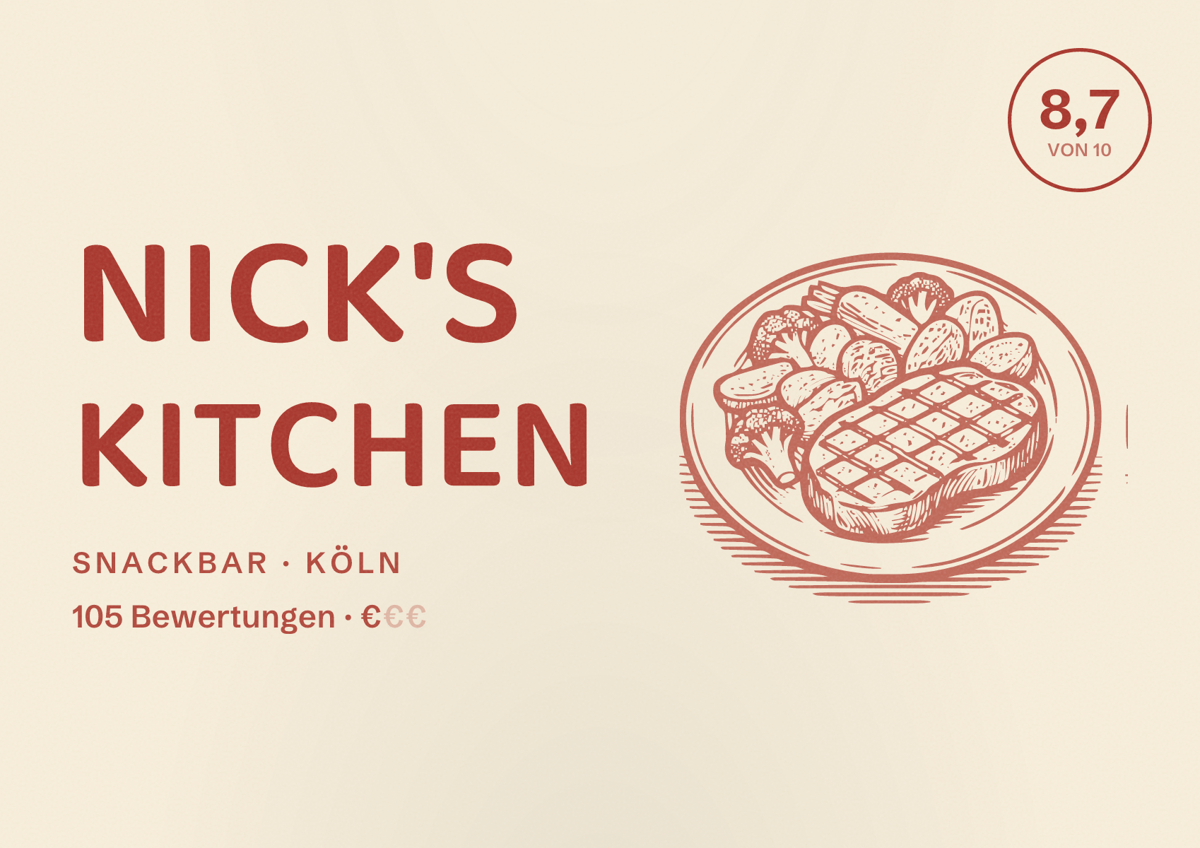 Illustriertes Poster von Nick's Kitchen, Snackbar in Köln: Bewertung 8,7 von 10 aus 105 Bewertungen, Preisniveau €