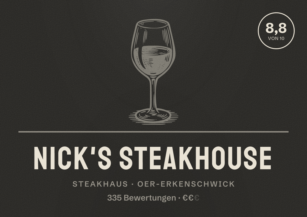 Illustriertes Poster von Nick's Steakhouse, Steakhaus in Oer-Erkenschwick: Bewertung 8,8 von 10 aus 335 Bewertungen, Preisniveau €€