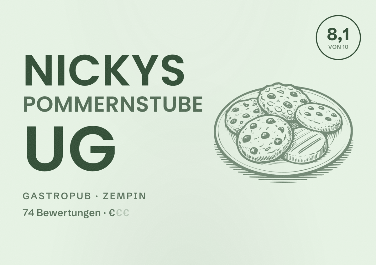 Illustriertes Poster von Nickys Pommernstube UG, Gastropub in Zempin: Bewertung 8,1 von 10 aus 74 Bewertungen, Preisniveau €