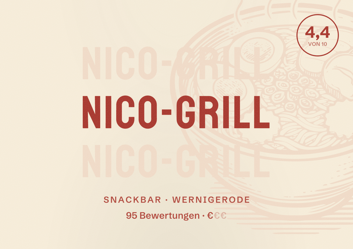 Illustriertes Poster von Nico-Grill, Snackbar in Wernigerode: Bewertung 4,4 von 10 aus 95 Bewertungen, Preisniveau €