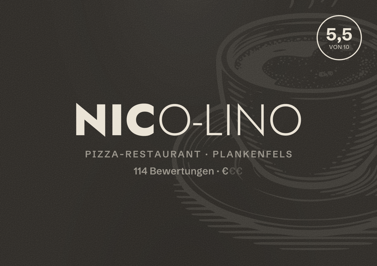 Illustriertes Poster von Nico-Lino, Pizza-Restaurant in Plankenfels: Bewertung 5,5 von 10 aus 114 Bewertungen, Preisniveau €