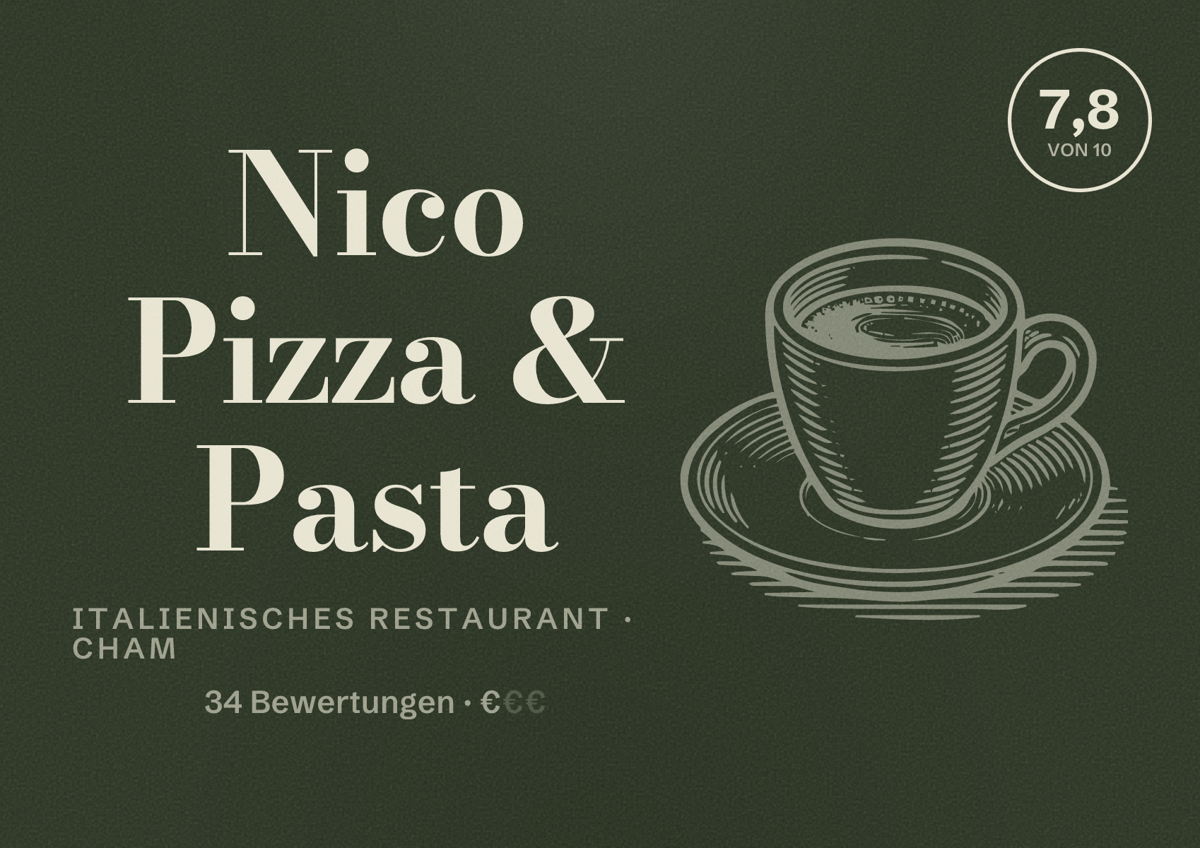Illustriertes Poster von Nico Pizza & Pasta, Italienisches Restaurant in Cham: Bewertung 7,8 von 10 aus 34 Bewertungen, Preisniveau €