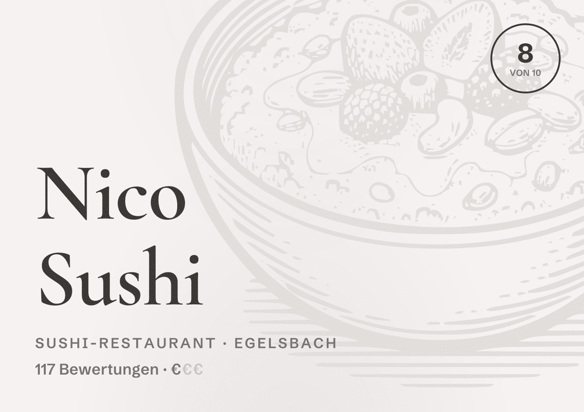 Illustriertes Poster von Nico Sushi, Sushi-Restaurant in Egelsbach: Bewertung 8 von 10 aus 117 Bewertungen, Preisniveau €