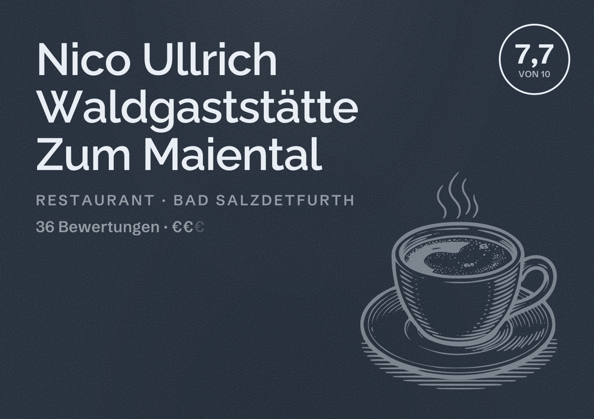 Illustriertes Poster von Nico Ullrich Waldgaststätte Zum Maiental, Restaurant in Bad Salzdetfurth: Bewertung 7,7 von 10 aus 36 Bewertungen, Preisniveau €€