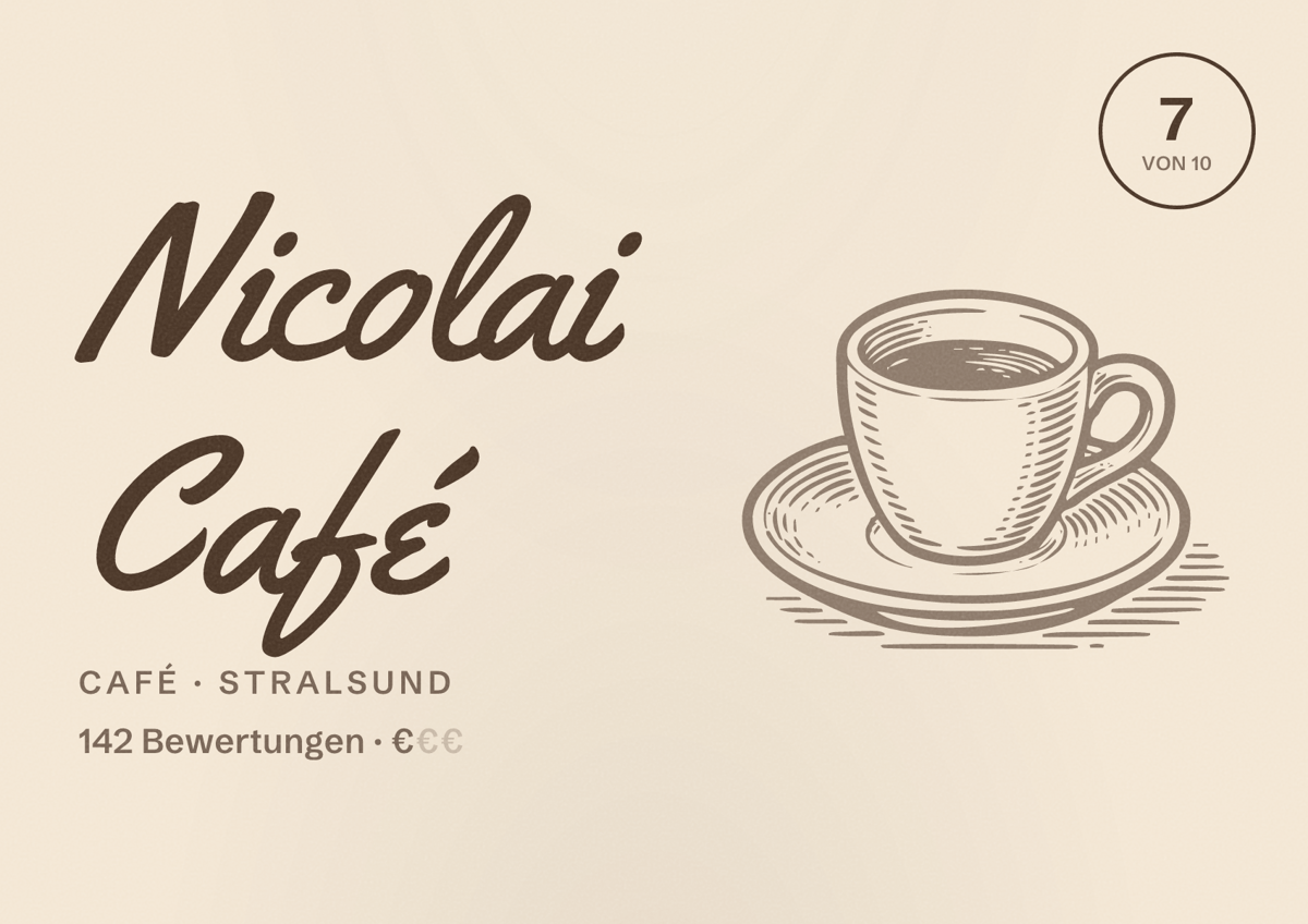 Illustriertes Poster von Nicolai Café, Café in Stralsund: Bewertung 7 von 10 aus 142 Bewertungen, Preisniveau €