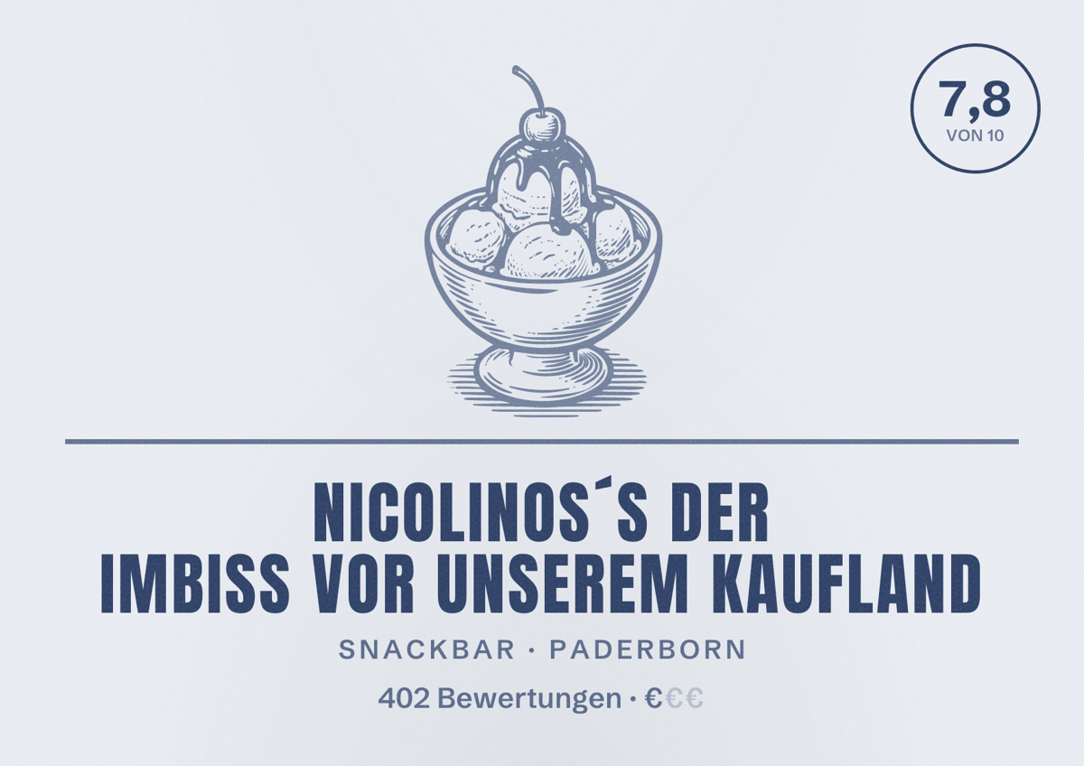 Illustriertes Poster von Nicolinos´s Der Imbiss vor unserem Kaufland, Snackbar in Paderborn: Bewertung 7,8 von 10 aus 402 Bewertungen, Preisniveau €