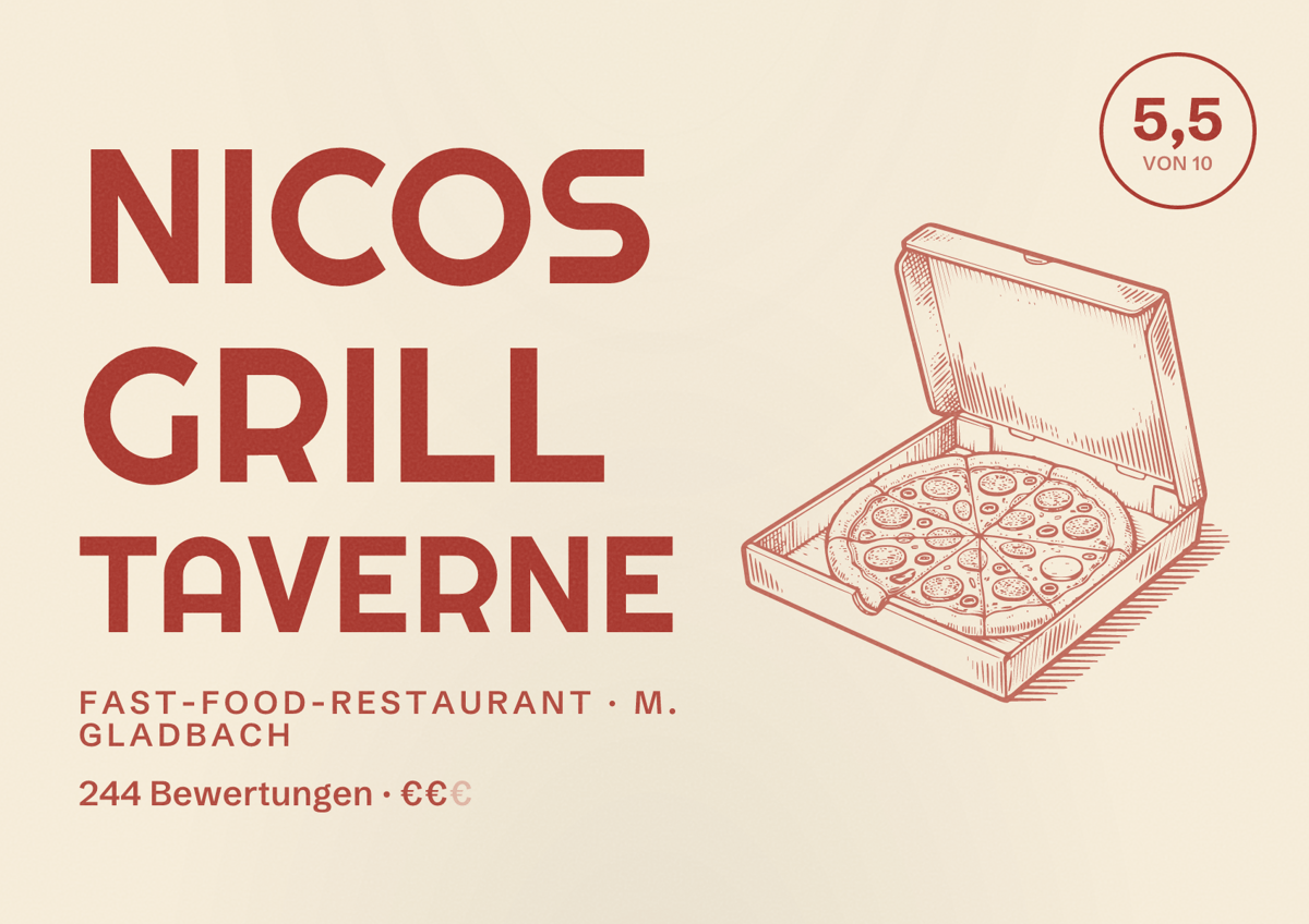 Illustriertes Poster von Nicos Grill Taverne, Fast-Food-Restaurant in M. Gladbach: Bewertung 5,5 von 10 aus 244 Bewertungen, Preisniveau €€