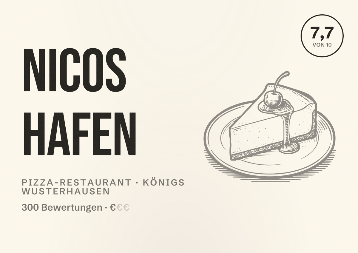 Illustriertes Poster von Nicos Hafen, Pizza-Restaurant in Königs Wusterhausen: Bewertung 7,7 von 10 aus 300 Bewertungen, Preisniveau €
