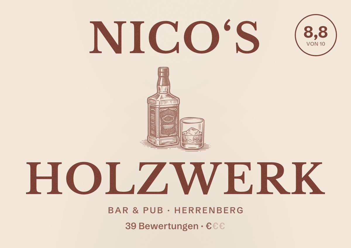 Illustriertes Poster von Nico‘s Holzwerk, Bar & Pub in Herrenberg: Bewertung 8,8 von 10 aus 39 Bewertungen, Preisniveau €