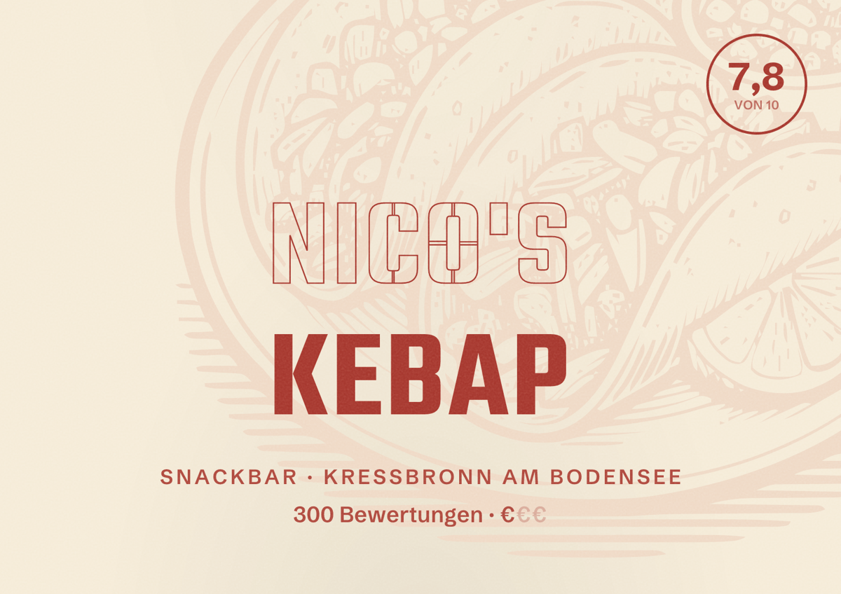 Illustriertes Poster von Nico's Kebap, Snackbar in Kressbronn am Bodensee: Bewertung 7,8 von 10 aus 300 Bewertungen, Preisniveau €