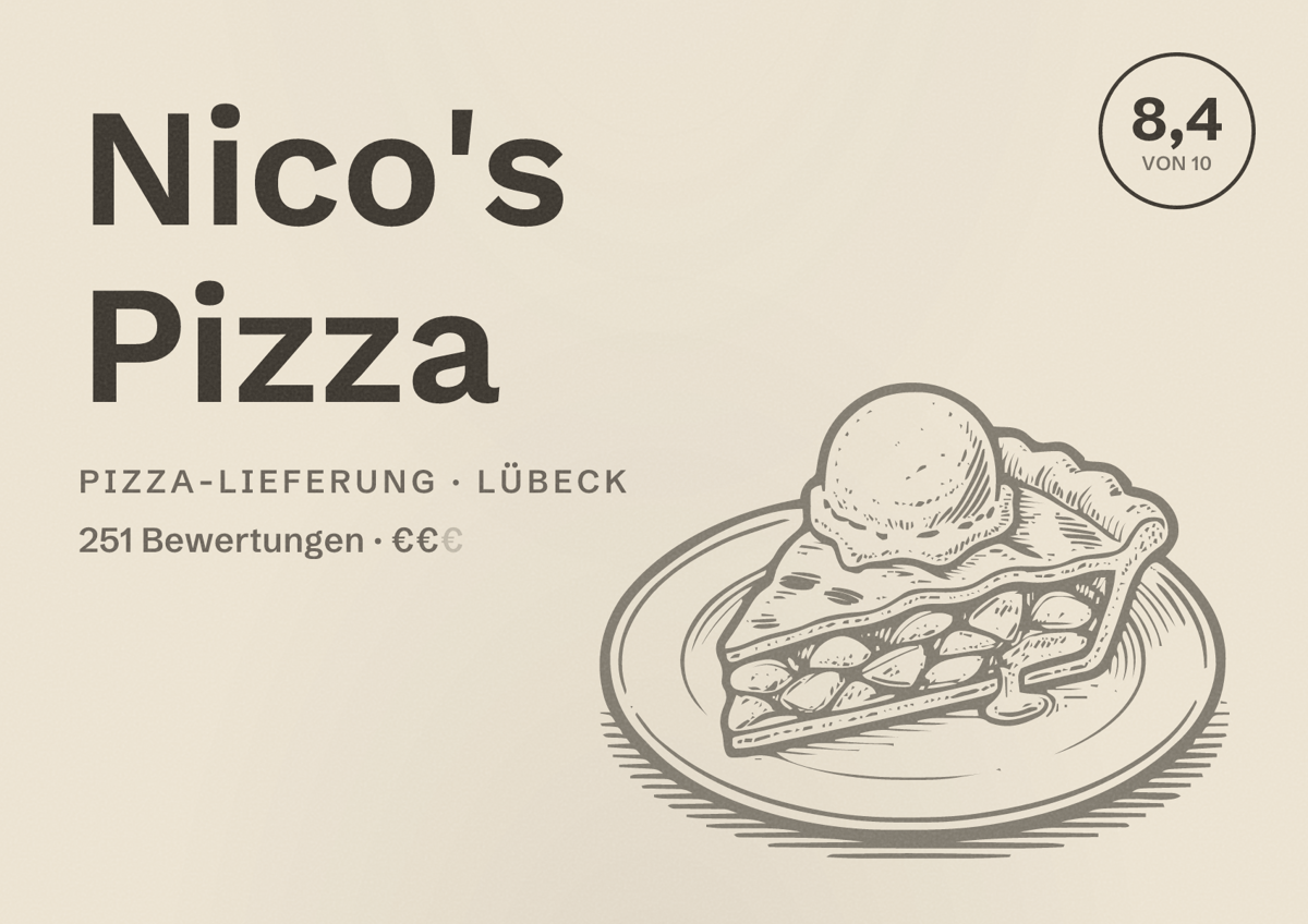 Illustriertes Poster von Nico's Pizza, Pizza-Lieferung in Lübeck: Bewertung 8,4 von 10 aus 251 Bewertungen, Preisniveau €€