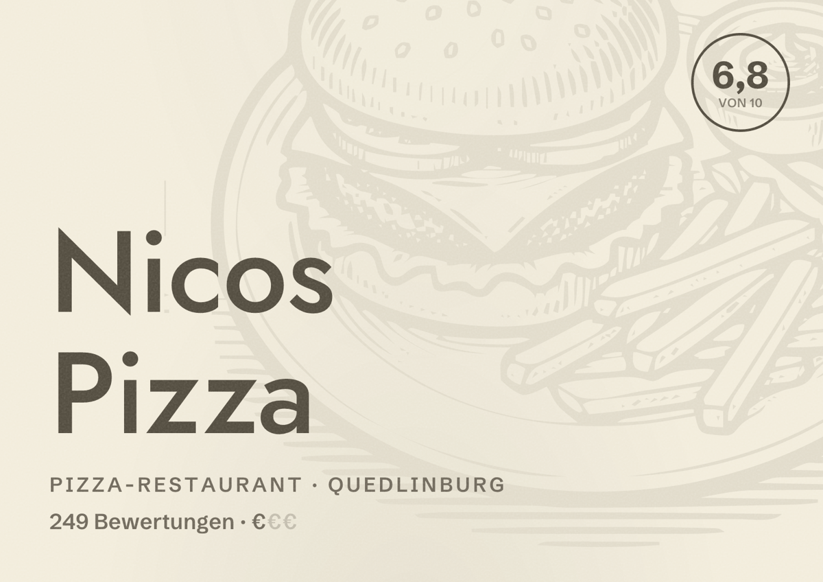 Illustriertes Poster von Nicos Pizza, Pizza-Restaurant in Quedlinburg: Bewertung 6,8 von 10 aus 249 Bewertungen, Preisniveau €