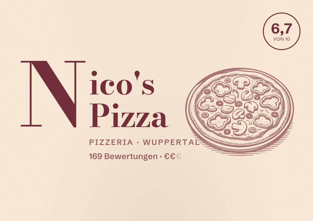 Illustriertes Poster von Nico's Pizza, Pizzeria in Wuppertal: Bewertung 6,7 von 10 aus 169 Bewertungen, Preisniveau €€