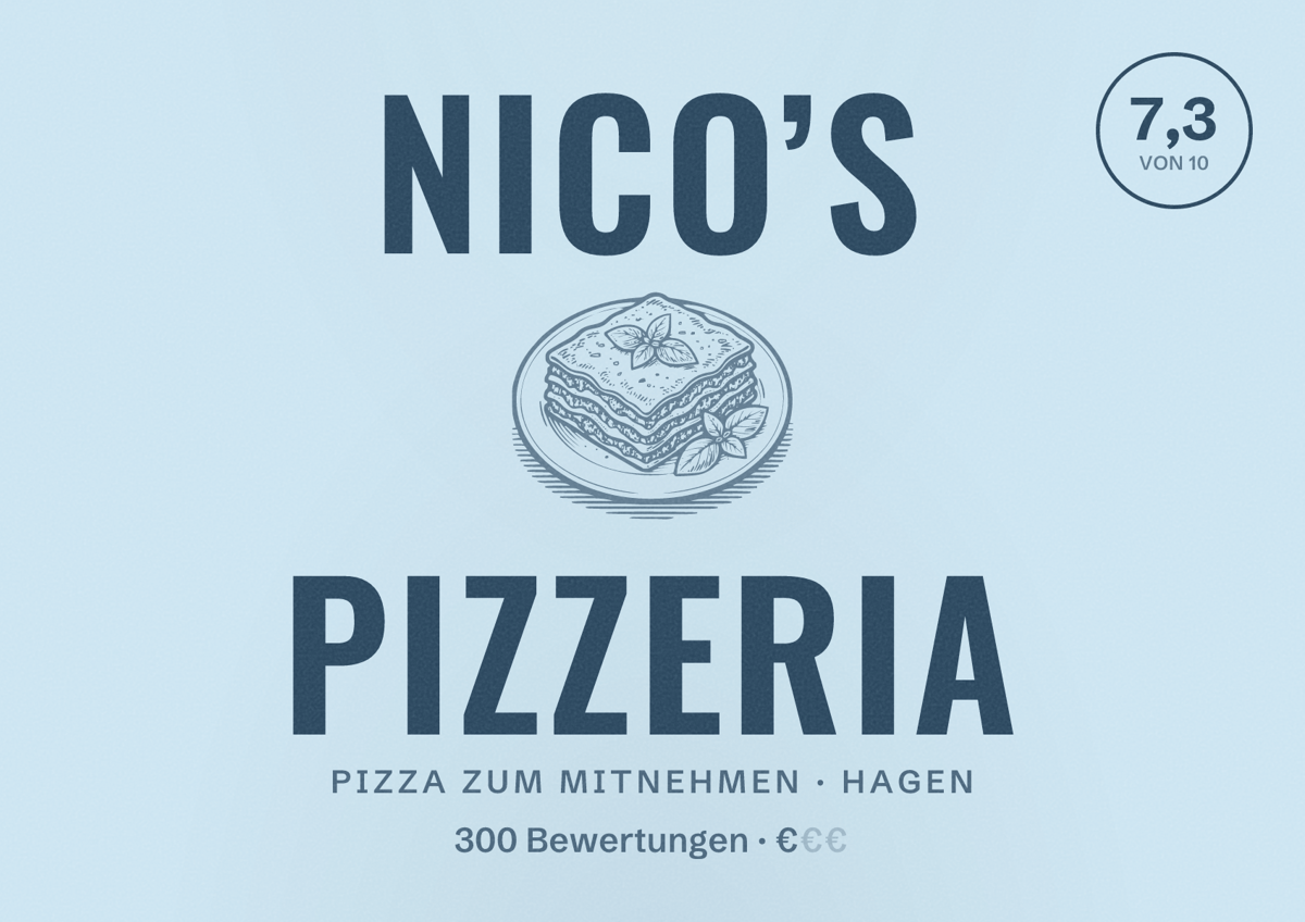 Illustriertes Poster von Nico’s Pizzeria, Pizza zum Mitnehmen in Hagen: Bewertung 7,3 von 10 aus 300 Bewertungen, Preisniveau €