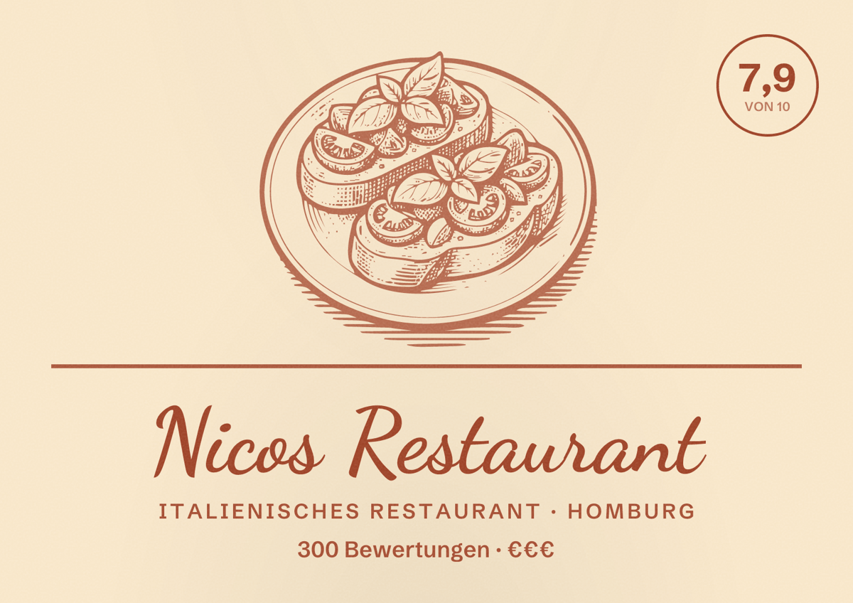 Illustriertes Poster von Nicos Restaurant, Italienisches Restaurant in Homburg: Bewertung 7,9 von 10 aus 300 Bewertungen, Preisniveau €€€