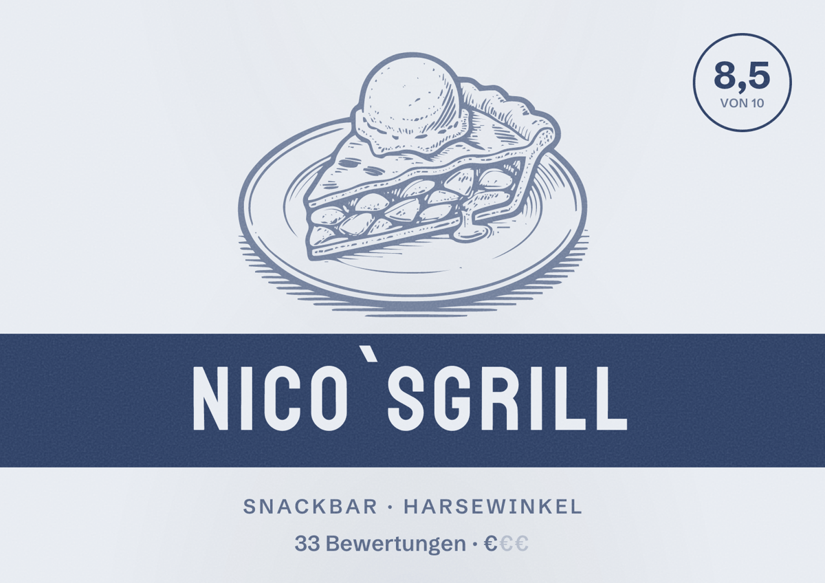 Illustriertes Poster von Nico`sGrill, Snackbar in Harsewinkel: Bewertung 8,5 von 10 aus 33 Bewertungen, Preisniveau €