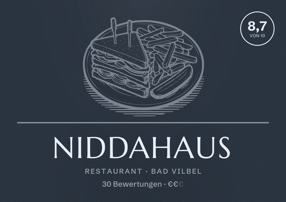 Illustriertes Poster von NIDDAHAUS, Restaurant in Bad Vilbel: Bewertung 8,7 von 10 aus 30 Bewertungen, Preisniveau €€