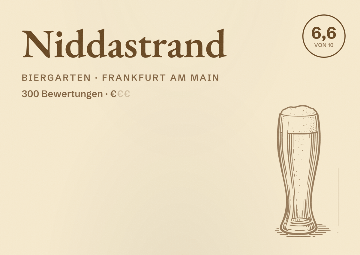 Illustriertes Poster von Niddastrand, Biergarten in Frankfurt am Main: Bewertung 6,6 von 10 aus 300 Bewertungen, Preisniveau €