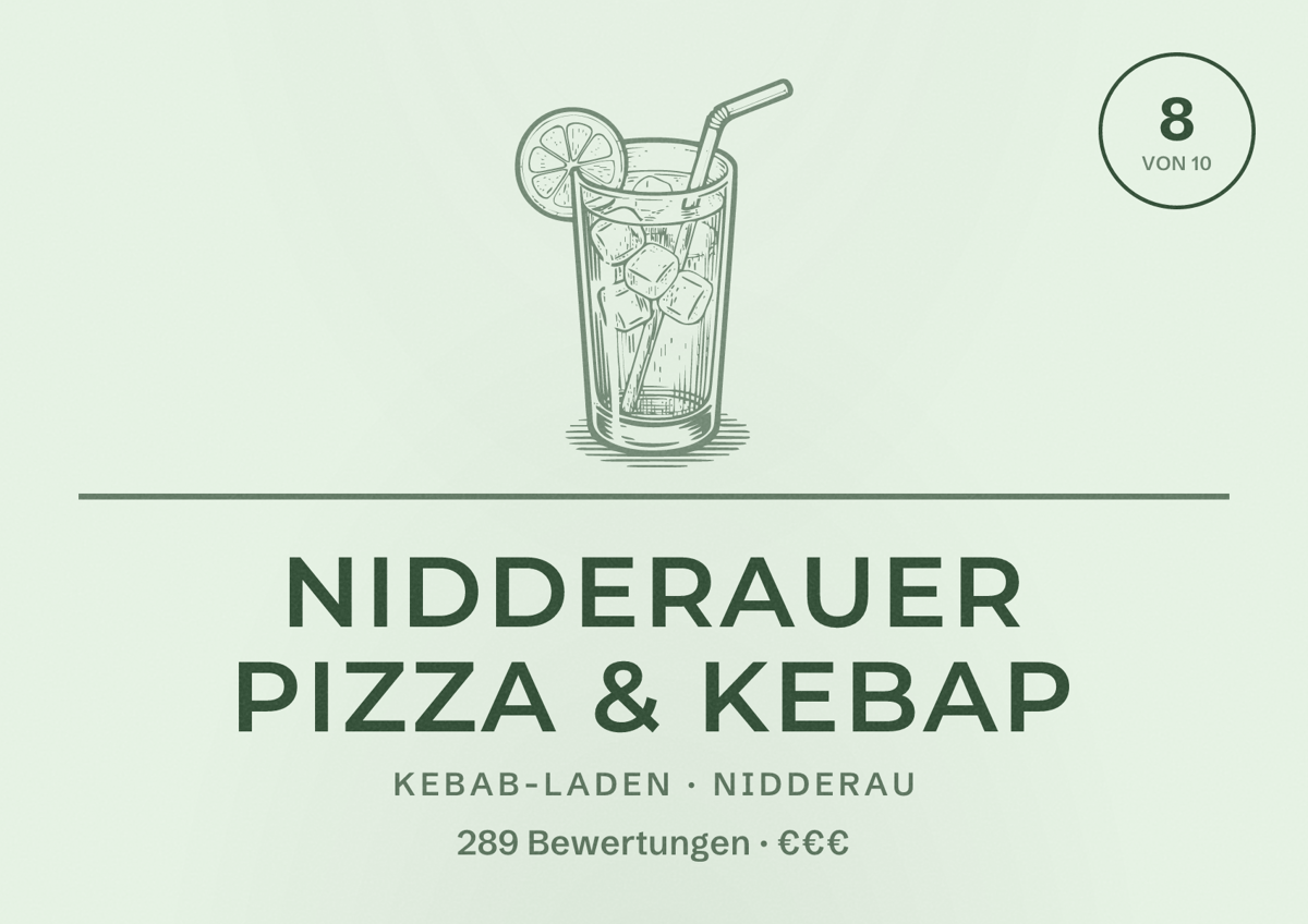 Illustriertes Poster von Nidderauer Pizza & Kebap, Kebab-Laden in Nidderau: Bewertung 8 von 10 aus 289 Bewertungen, Preisniveau €€€