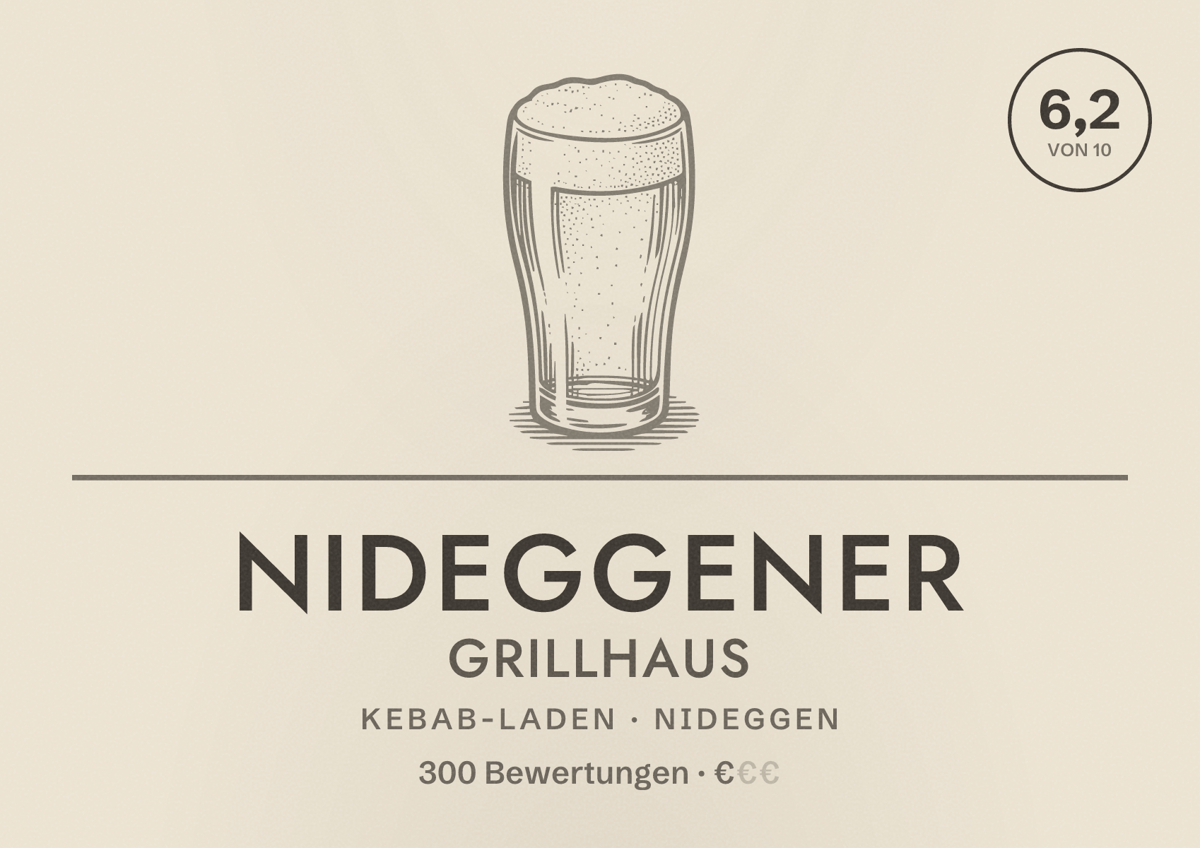 Illustriertes Poster von Nideggener Grillhaus, Kebab-Laden in Nideggen: Bewertung 6,2 von 10 aus 300 Bewertungen, Preisniveau €