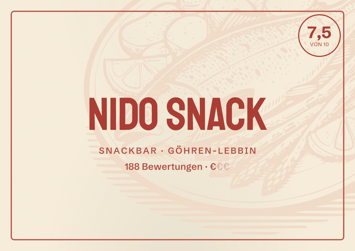 Illustriertes Poster von Nido Snack, Snackbar in Göhren-Lebbin: Bewertung 7,5 von 10 aus 188 Bewertungen, Preisniveau €