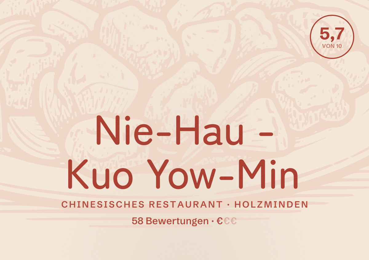 Illustriertes Poster von Nie-Hau - Kuo Yow-Min, Chinesisches Restaurant in Holzminden: Bewertung 5,7 von 10 aus 58 Bewertungen, Preisniveau €