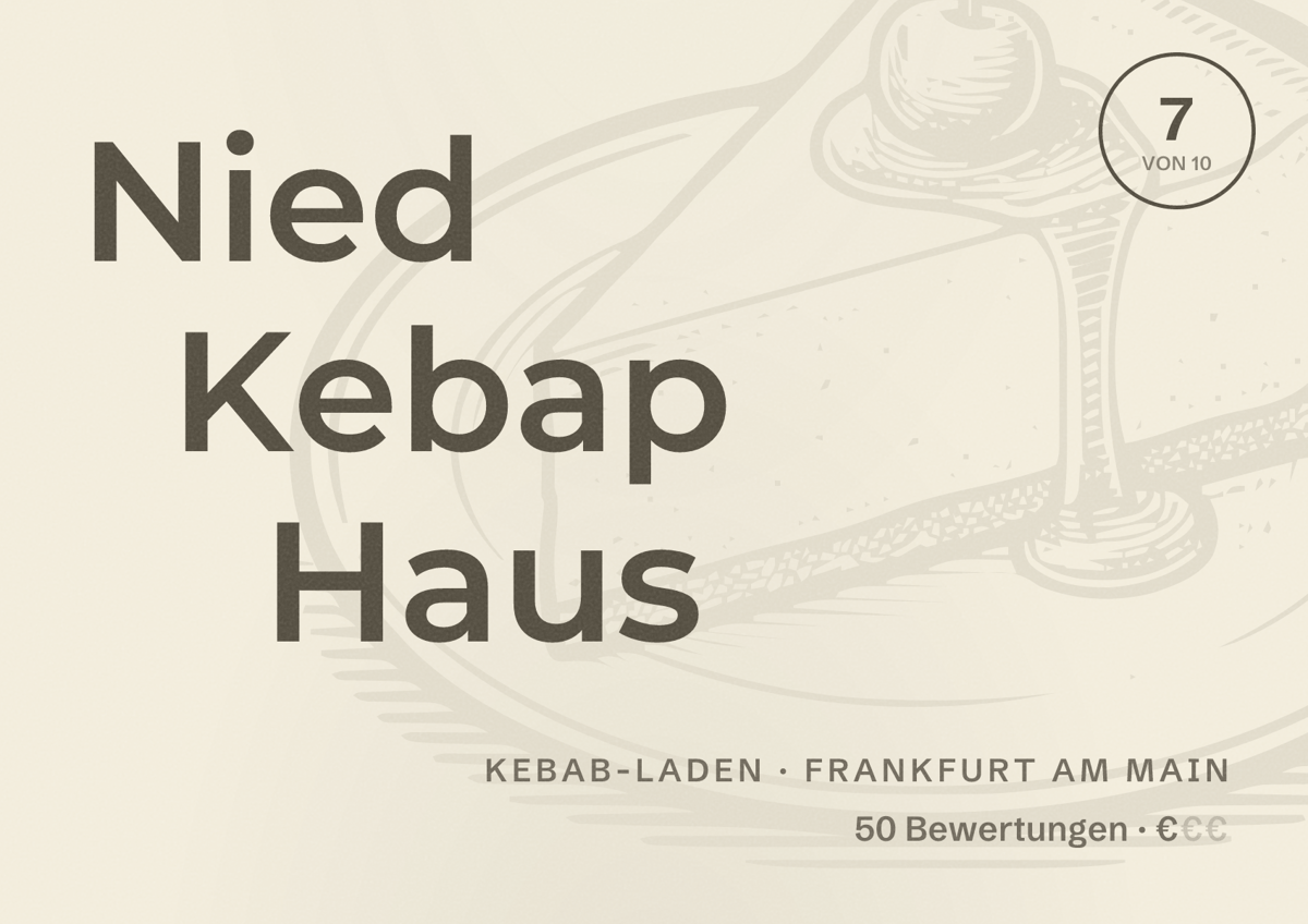Illustriertes Poster von Nied Kebap Haus, Kebab-Laden in Frankfurt am Main: Bewertung 7 von 10 aus 50 Bewertungen, Preisniveau €