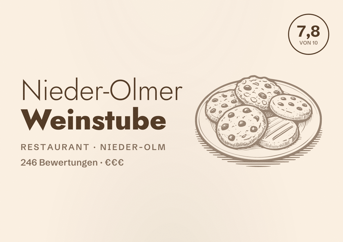 Illustriertes Poster von Nieder-Olmer Weinstube, Restaurant in Nieder-Olm: Bewertung 7,8 von 10 aus 246 Bewertungen, Preisniveau €€€