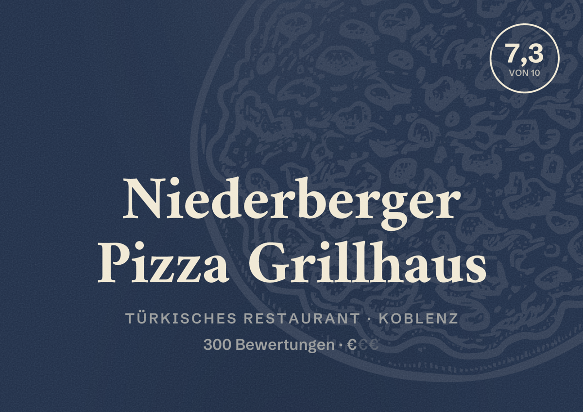 Illustriertes Poster von Niederberger Pizza Grillhaus, Türkisches Restaurant in Koblenz: Bewertung 7,3 von 10 aus 300 Bewertungen, Preisniveau €
