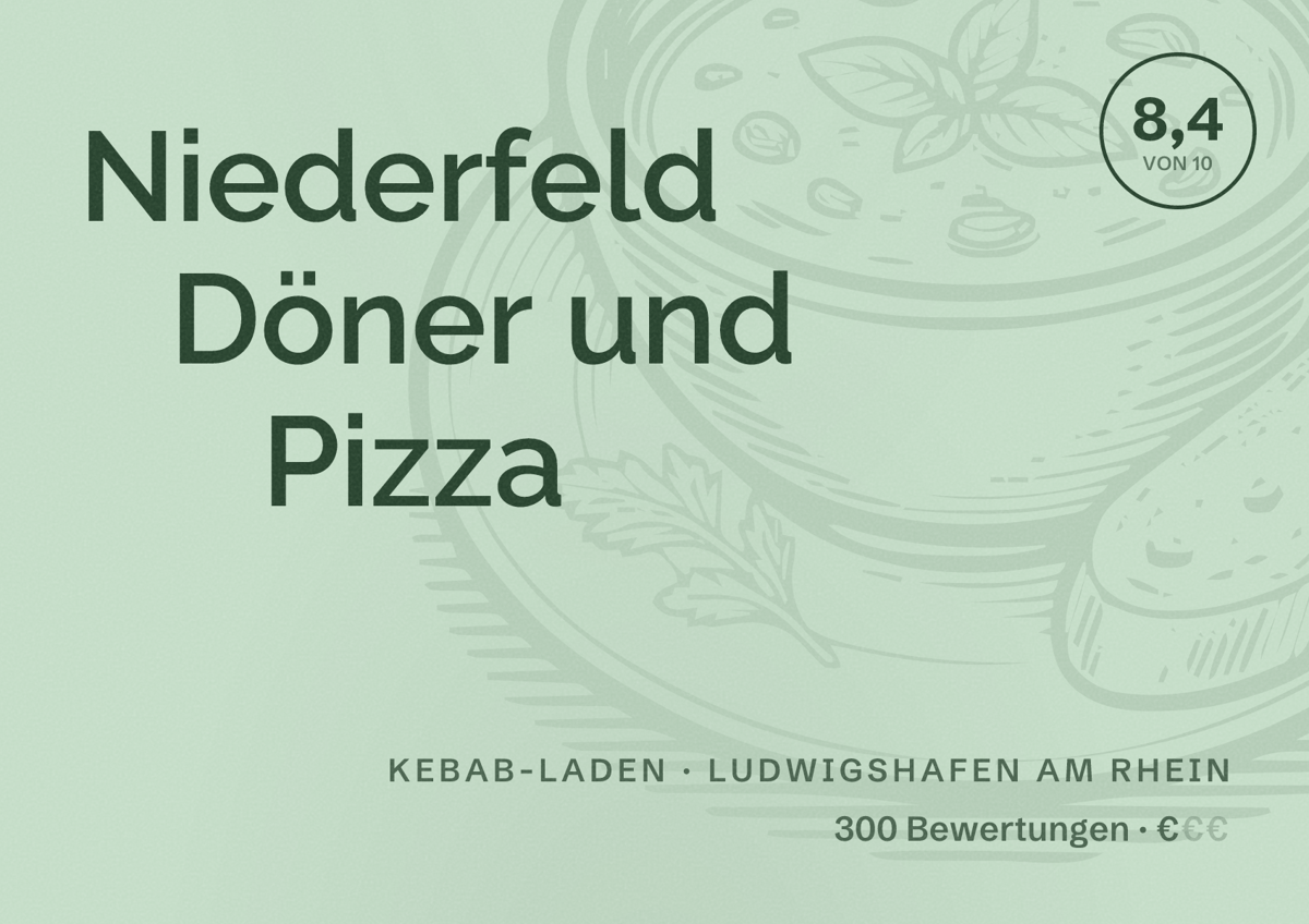 Illustriertes Poster von Niederfeld Döner und Pizza, Kebab-Laden in Ludwigshafen am Rhein: Bewertung 8,4 von 10 aus 300 Bewertungen, Preisniveau €