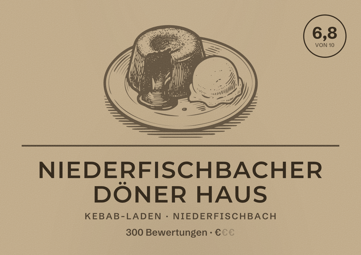 Illustriertes Poster von Niederfischbacher Döner Haus, Kebab-Laden in Niederfischbach: Bewertung 6,8 von 10 aus 300 Bewertungen, Preisniveau €