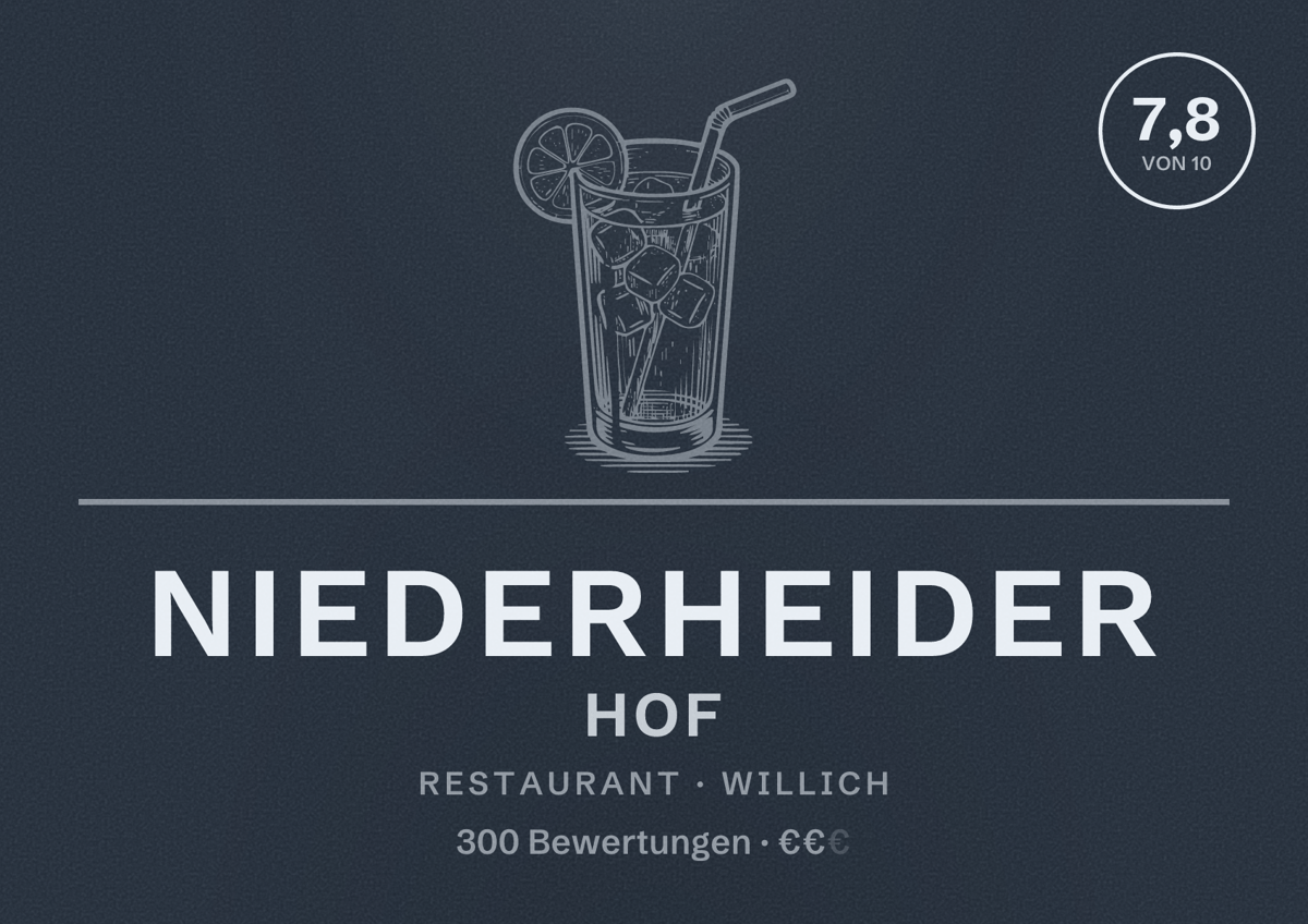Illustriertes Poster von Niederheider Hof, Restaurant in Willich: Bewertung 7,8 von 10 aus 300 Bewertungen, Preisniveau €€