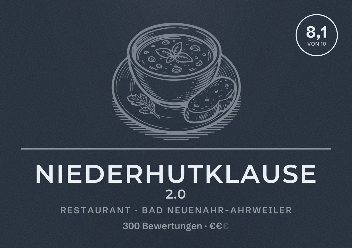 Illustriertes Poster von Niederhutklause 2.0, Restaurant in Bad Neuenahr-Ahrweiler: Bewertung 8,1 von 10 aus 300 Bewertungen, Preisniveau €€