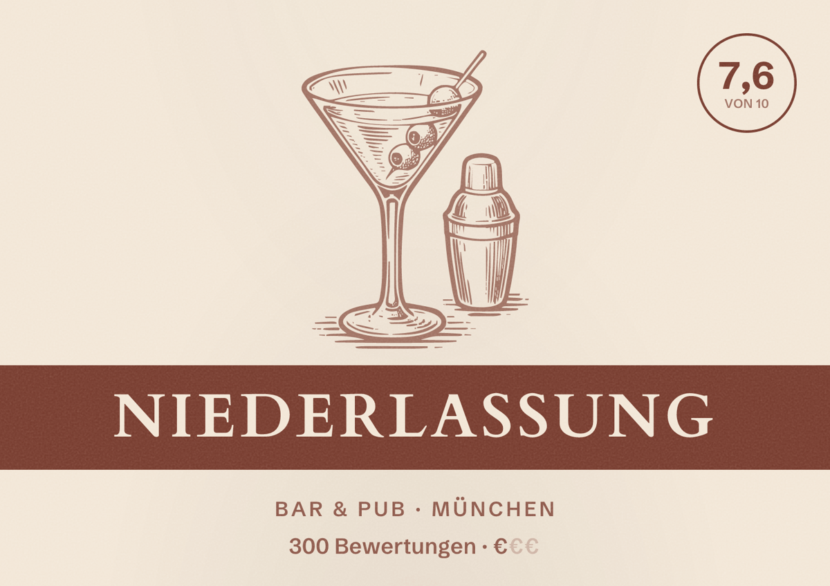 Illustriertes Poster von Niederlassung, Bar & Pub in München: Bewertung 7,6 von 10 aus 300 Bewertungen, Preisniveau €