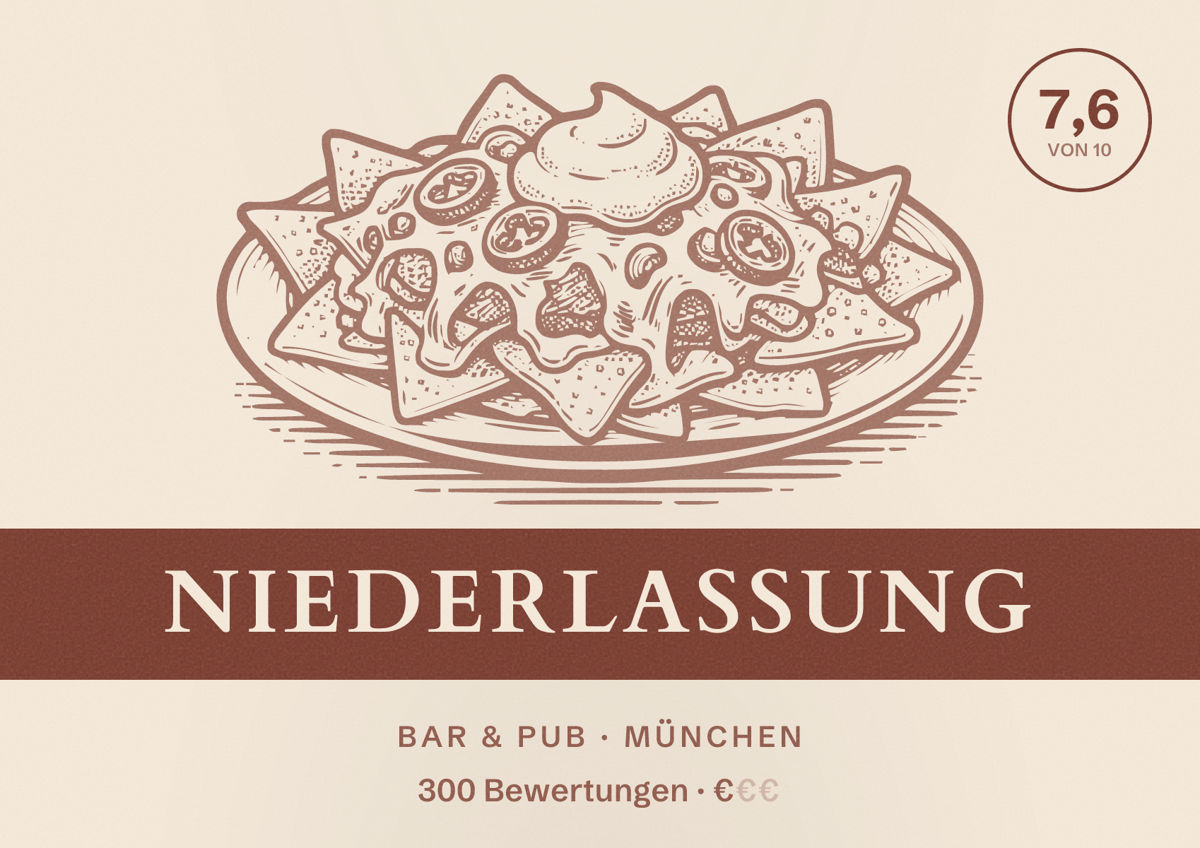 Illustriertes Poster von Niederlassung, Bar & Pub in München: Bewertung 7,6 von 10 aus 300 Bewertungen, Preisniveau €