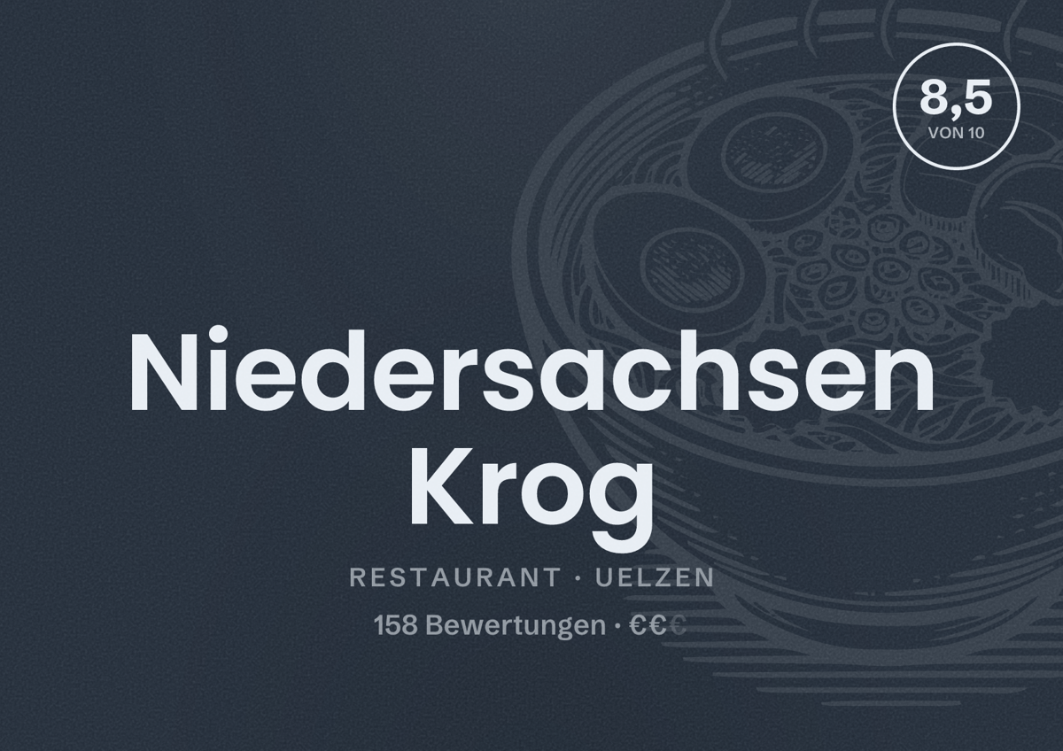 Illustriertes Poster von Niedersachsen Krog, Restaurant in Uelzen: Bewertung 8,5 von 10 aus 158 Bewertungen, Preisniveau €€