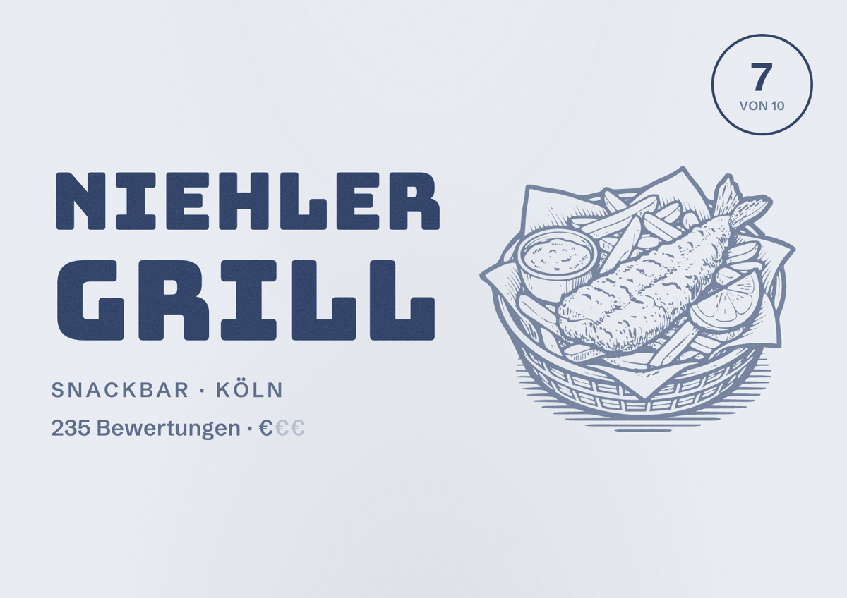 Illustriertes Poster von Niehler Grill, Snackbar in Köln: Bewertung 7,0 von 10 aus 235 Bewertungen, Preisniveau €
