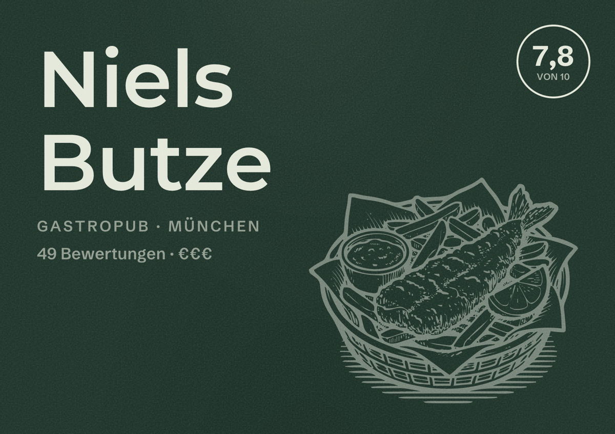 Illustriertes Poster von Niels Butze, Gastropub in München: Bewertung 7,8 von 10 aus 49 Bewertungen, Preisniveau €€€